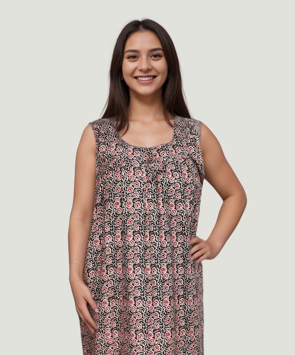 1001 1204 Black and Red Printed Sleeveless Cotton Nighty