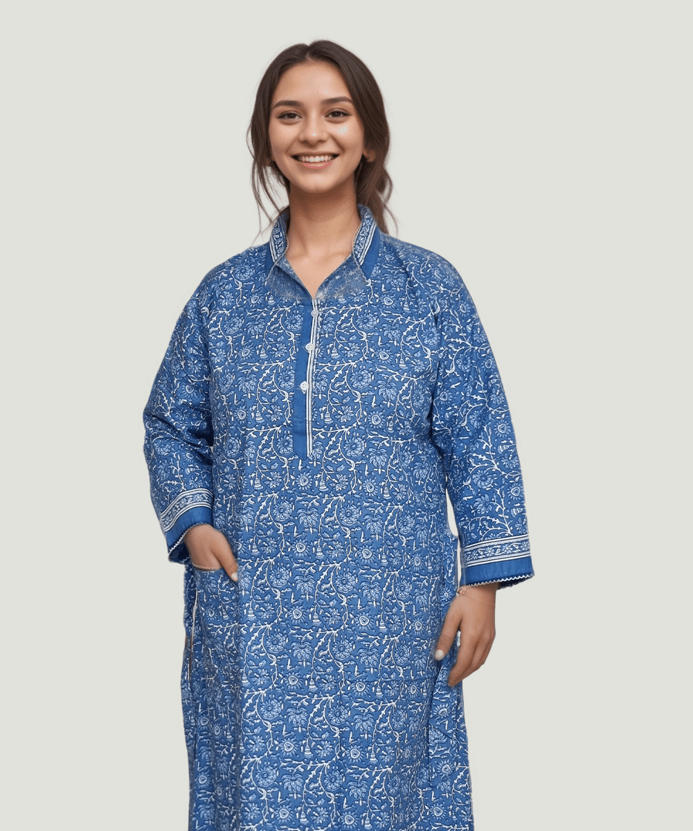 1001 1201 Blue Full Sleeves High Neck A-Line Premium Cotton Nighty