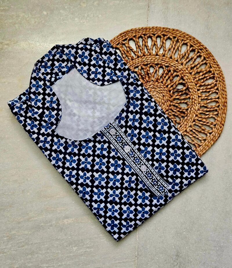 Indigo Print High Neck Full Sleeves A-Line Cotton Nighty