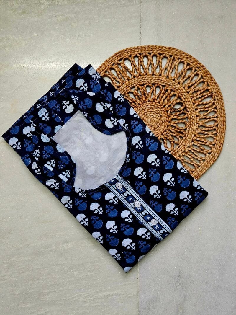Indigo Print Full Sleeves High Neck A-Line Ladies Cotton Nighty