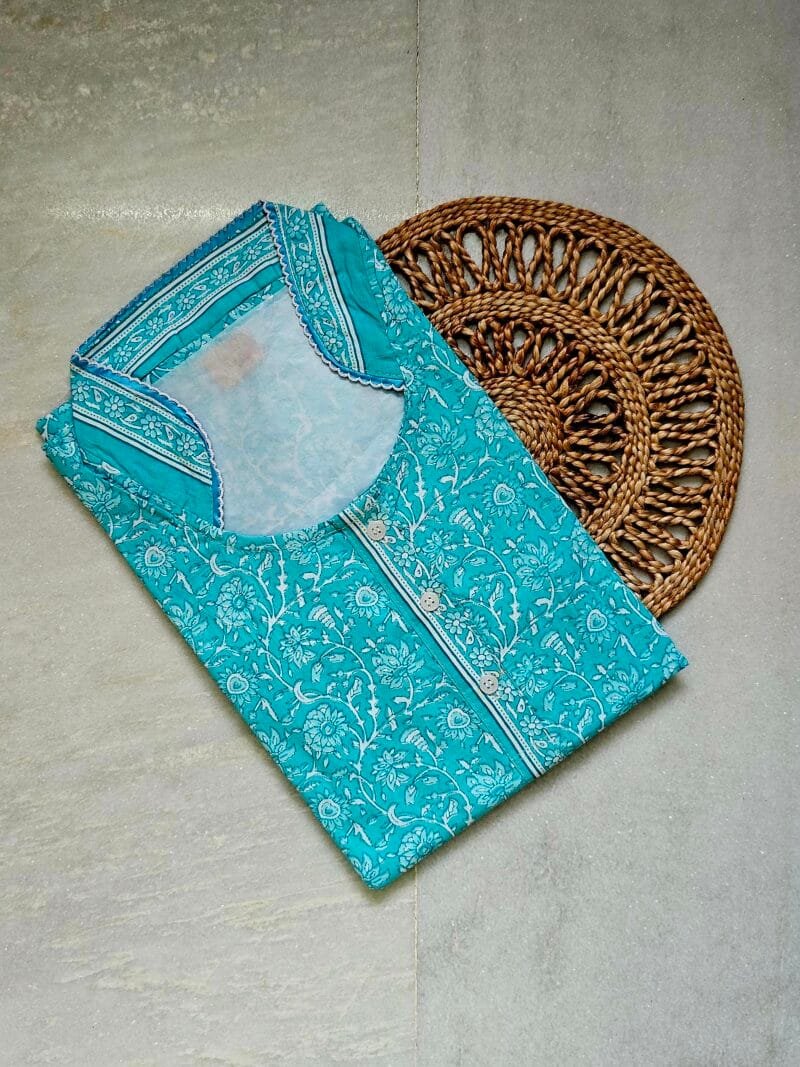 Turquoise Full Sleeves High Neck A-Line Premium Cotton Ladies cotton Nighty