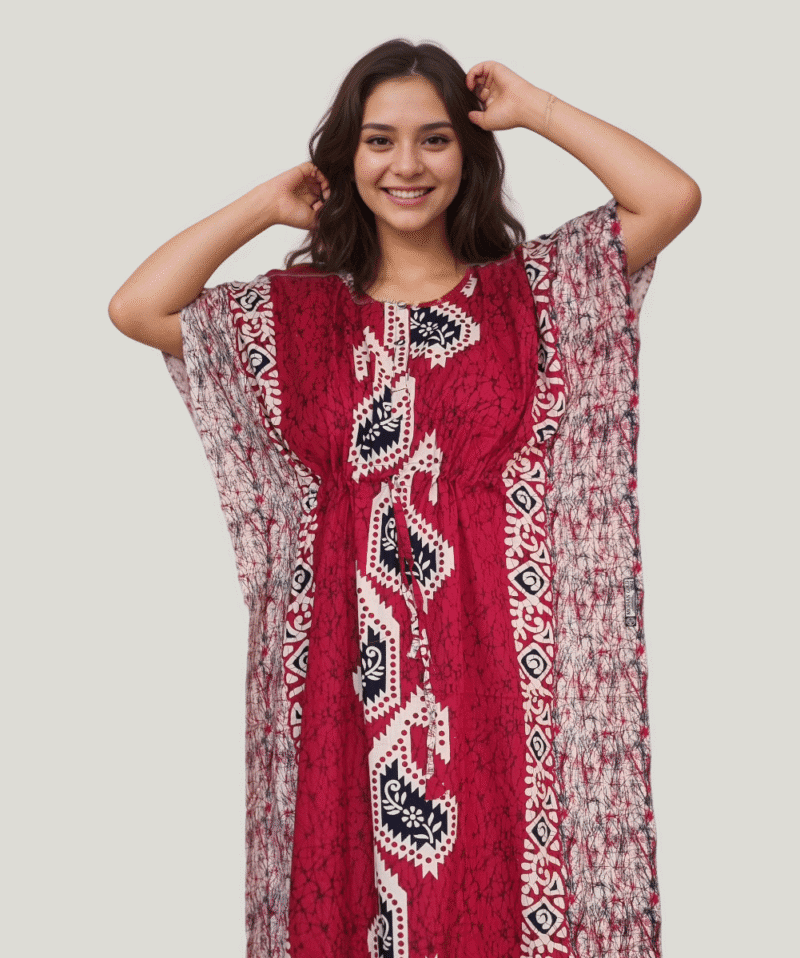 Red Batik Print Kaftan Cotton Nighty