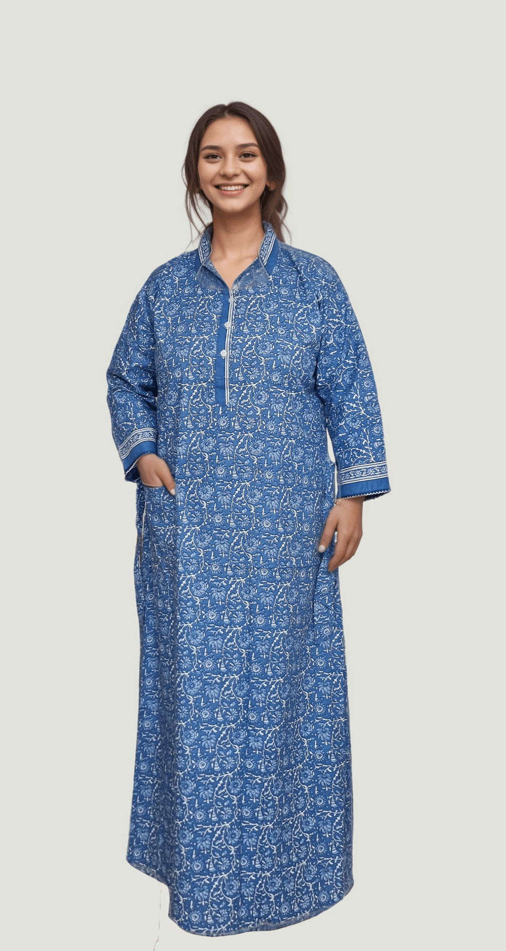 N118 Blue Full Sleeves High Neck A-Line Premium Cotton Nighty - Image 3