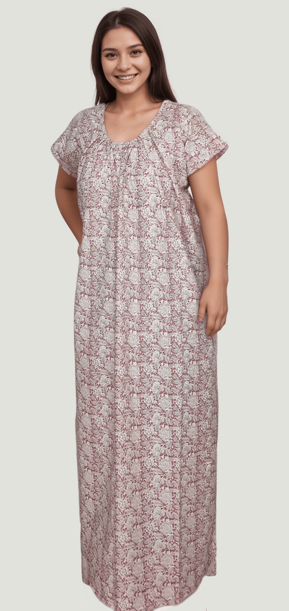 N13 1 Pink Round Neck Printed Cotton Nighty