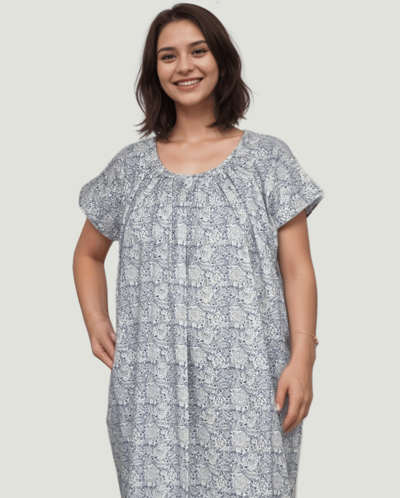 Light Blue Printed Round Neck Cotton Nighty