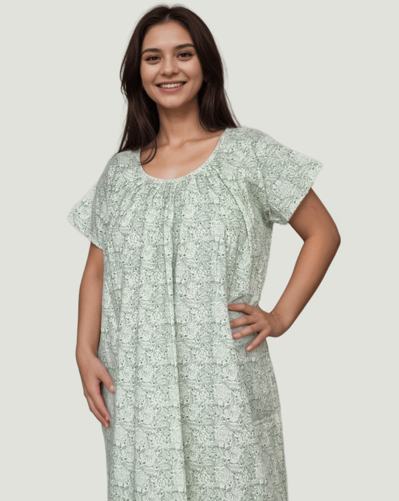 Light Green Printed Round Neck Cotton Nighty