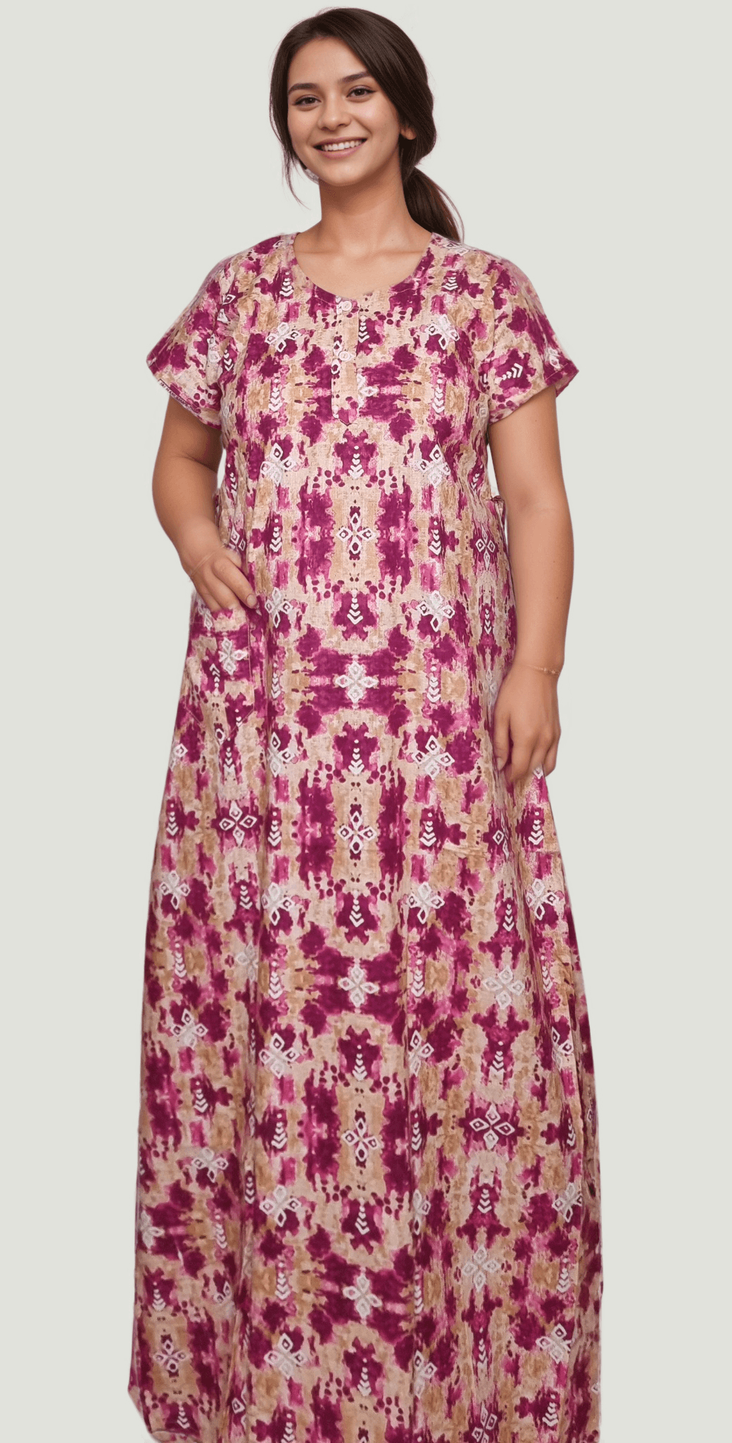 N36 Dark Pink A-Line Long Cotton Nighty