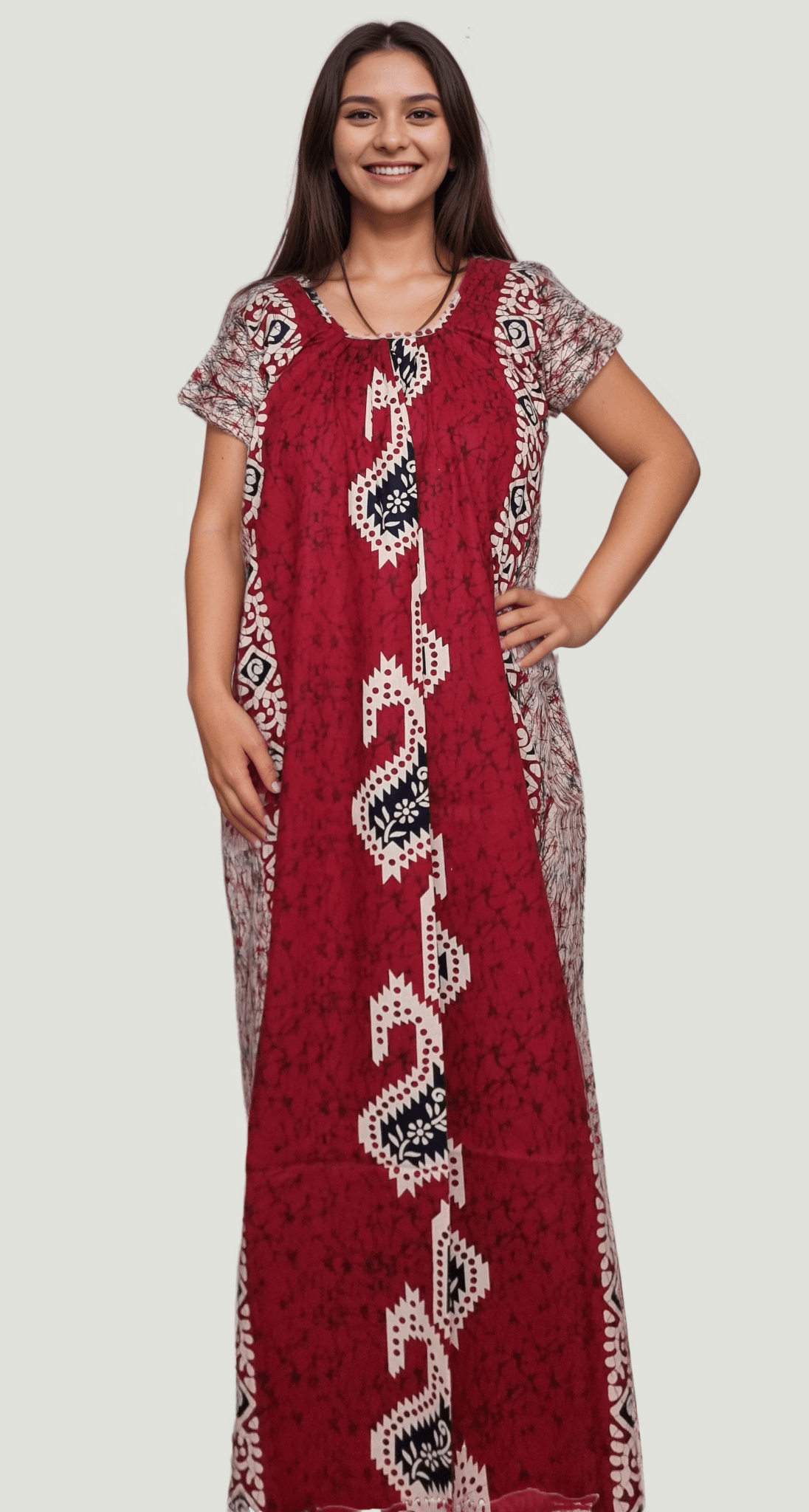 N38 e1756550929632 Red Batik Printed Round Neck Cotton Nighty