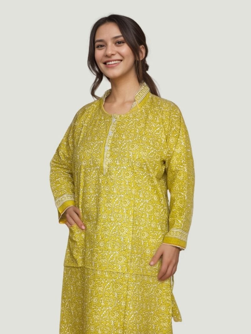 Mehendi Green Full Sleeves High Neck A-Line Premium Cotton Nighty