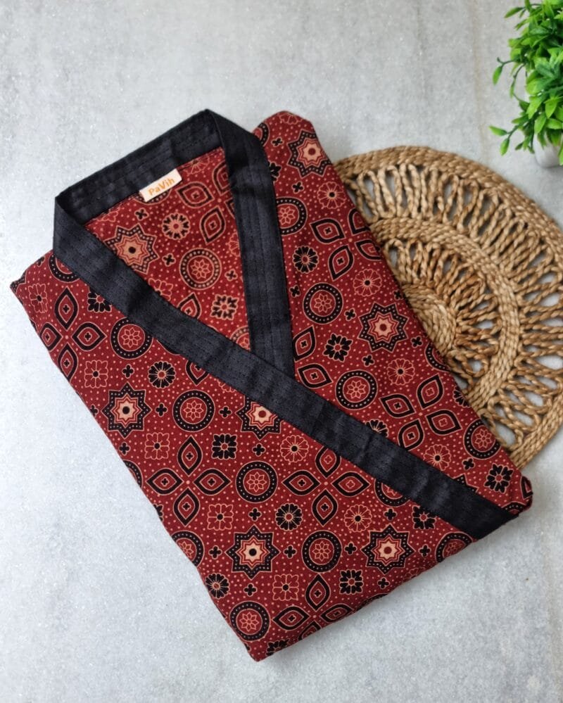 Maroon and Black Ajrakh Cotton House Coat