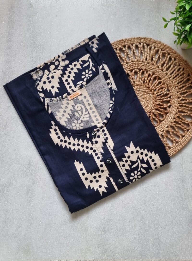 Dark Blue Batik Printed Round Neck Cotton Kaftan