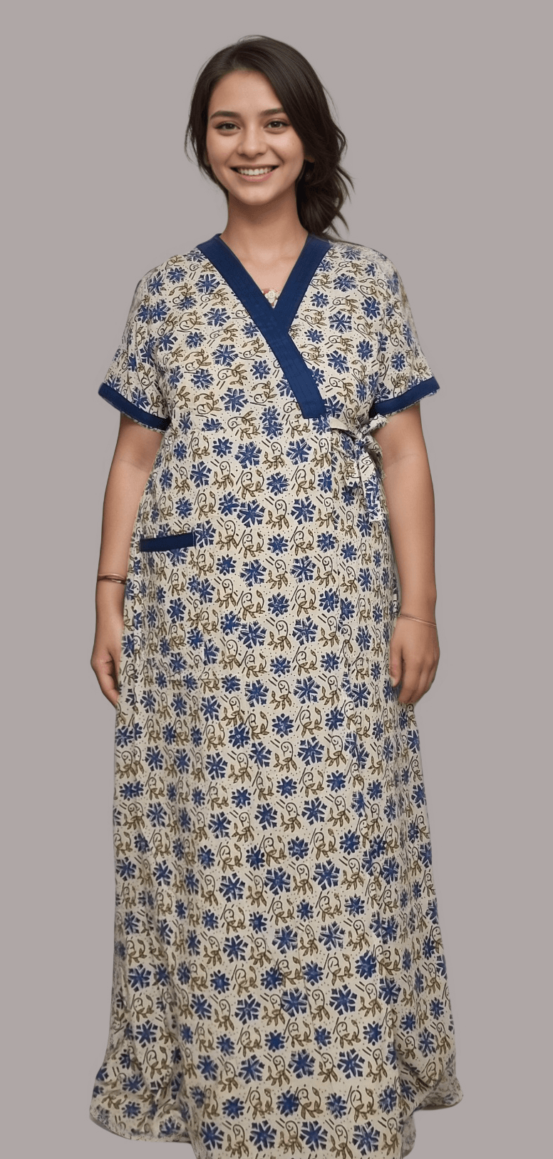 77rrt 2 Off-White and Blue Kalamkari Cotton House Coat