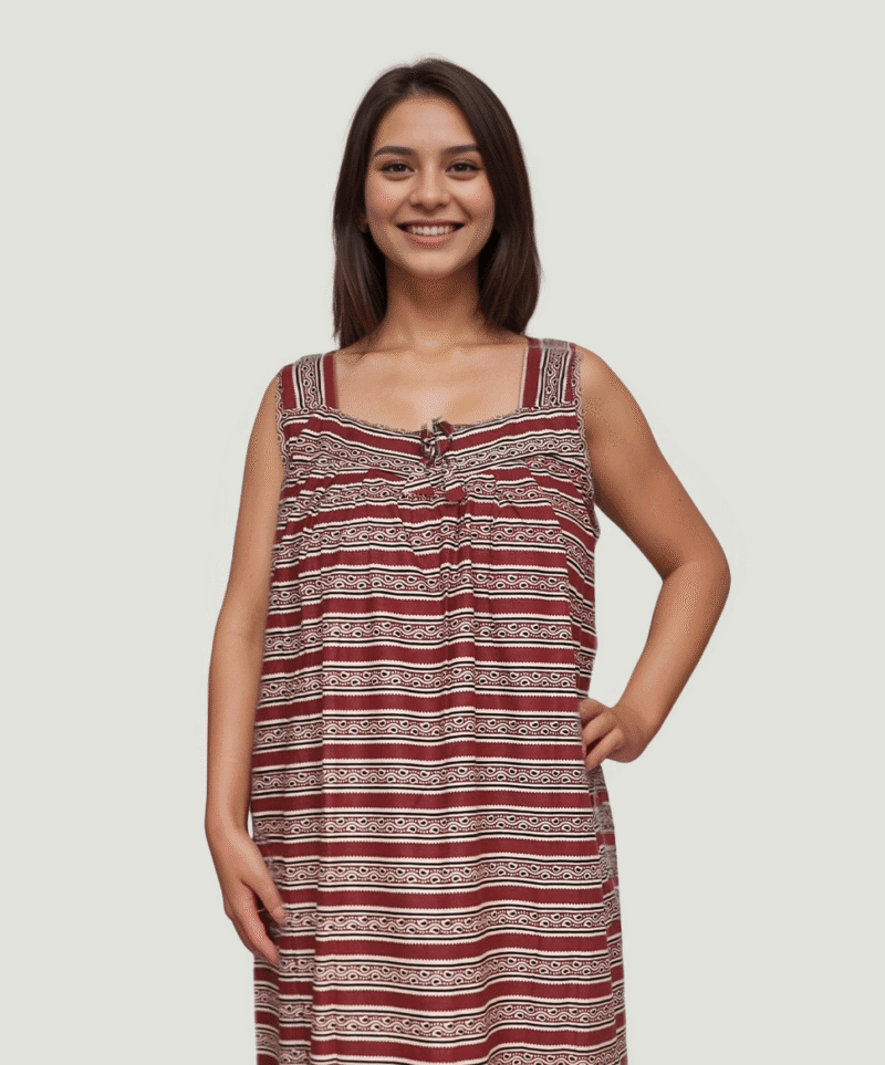 Maroon Printed Sleeveless Cotton Nighty