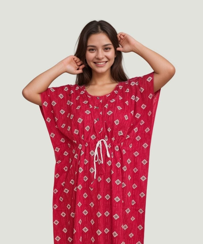 Red Printed Round Neck Cotton Kaftan