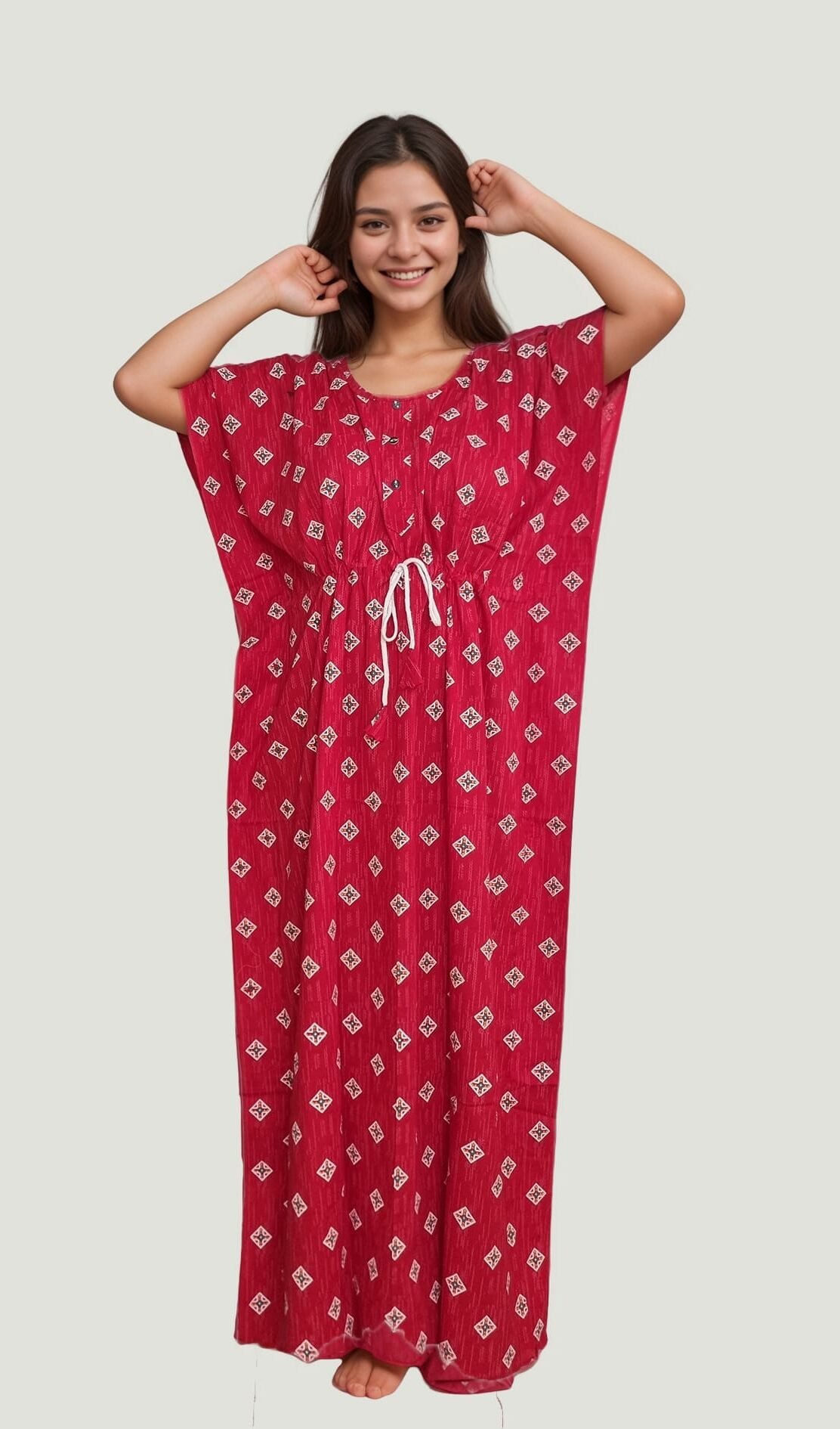 N33 2 e1756832686732 Red Printed Round Neck Cotton Kaftan