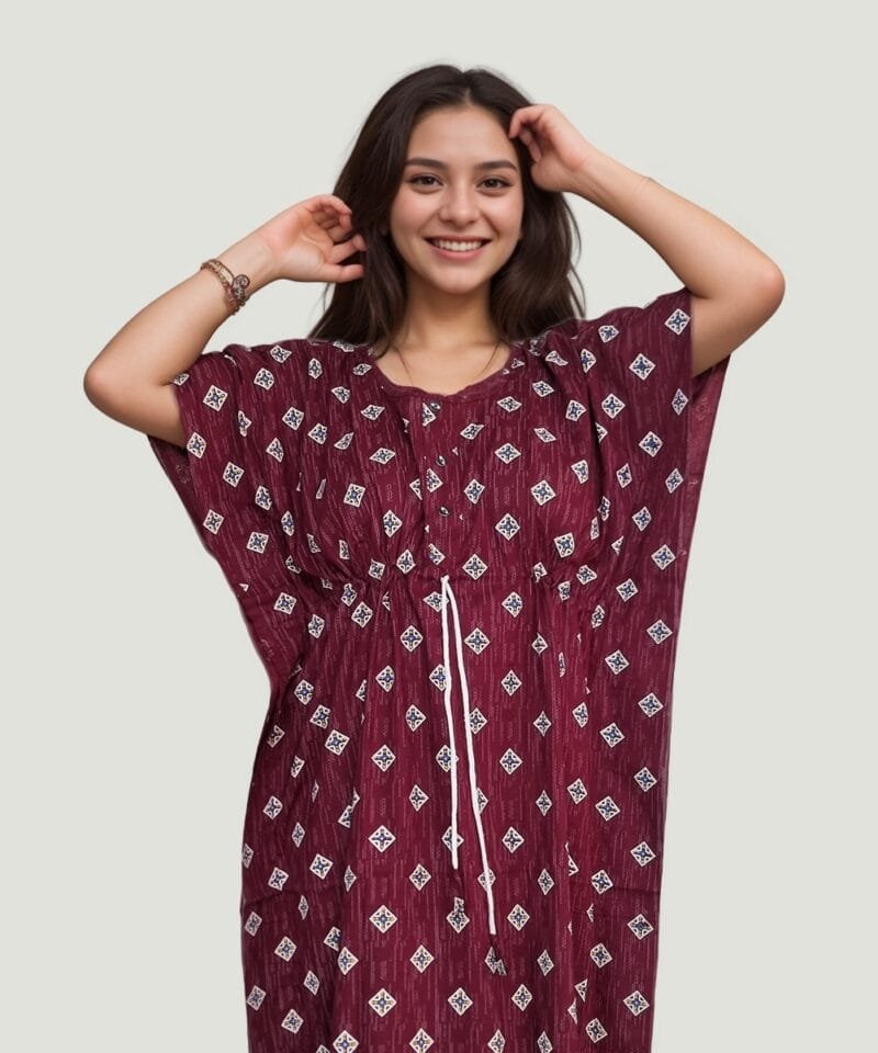Brown Printed Round Neck Cotton Kaftan