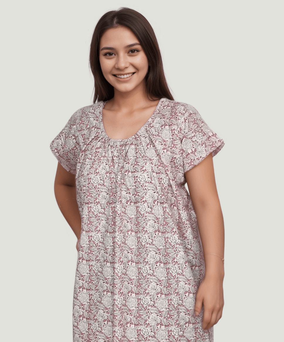 N13 6 Pink Round Neck Printed Cotton Nighty