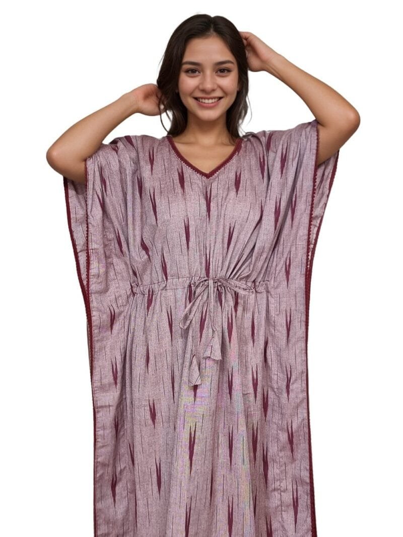 Light Maroon Ikkat Premium Cotton Kaftan