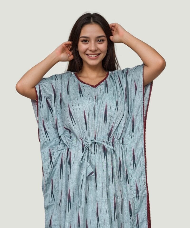 Light Blue Maroon Ikkat Premium Cotton Kaftan