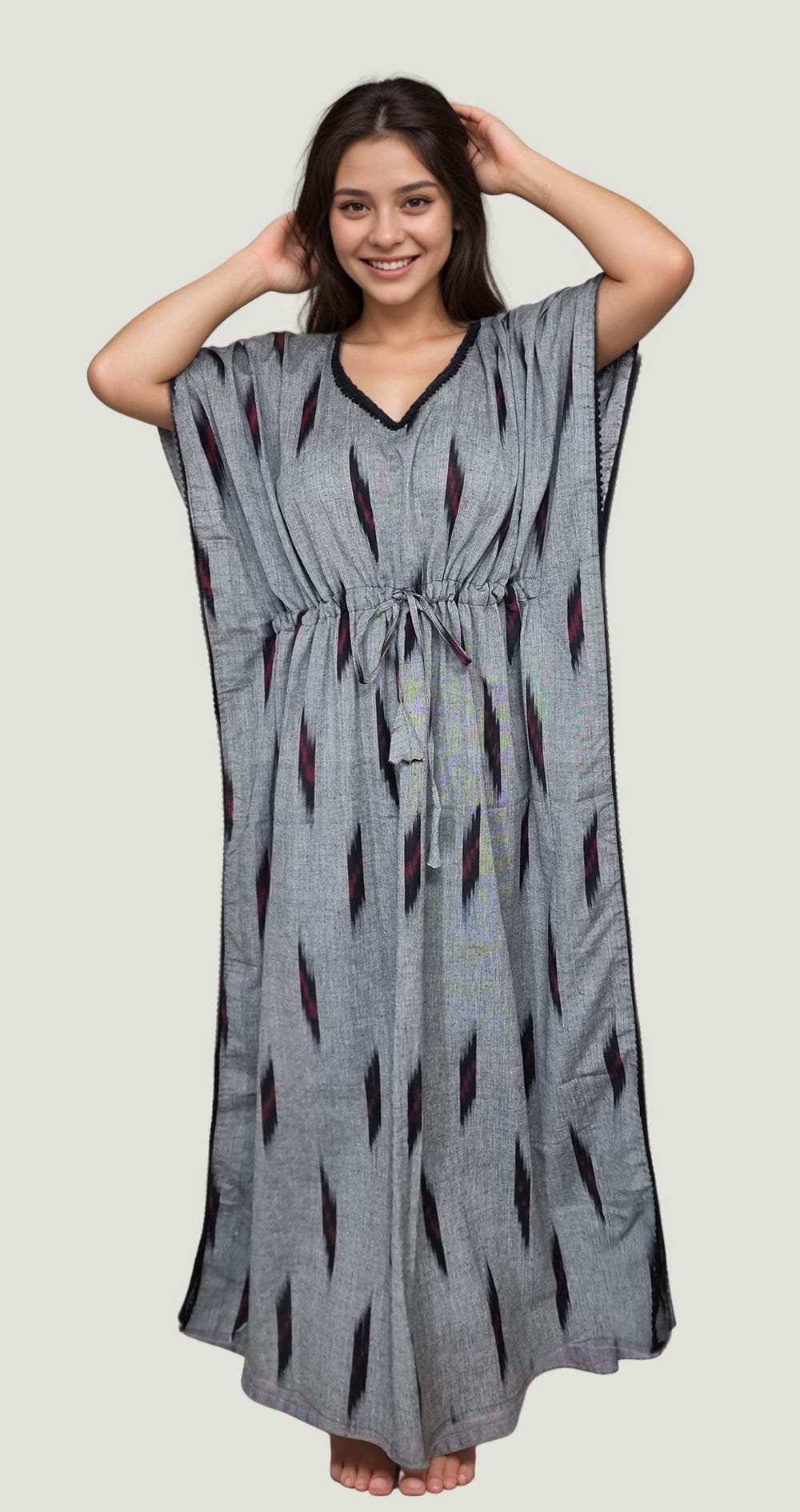 Tonk 4 Grey Black & Maroon Premium Cotton Ikkat Kaftan - Image 3