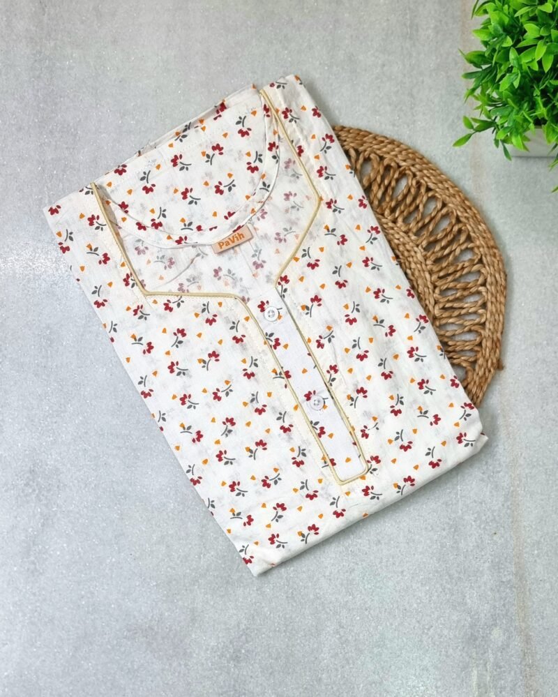 White Red Small Floral Printed Mulcotton A-Line Nighty