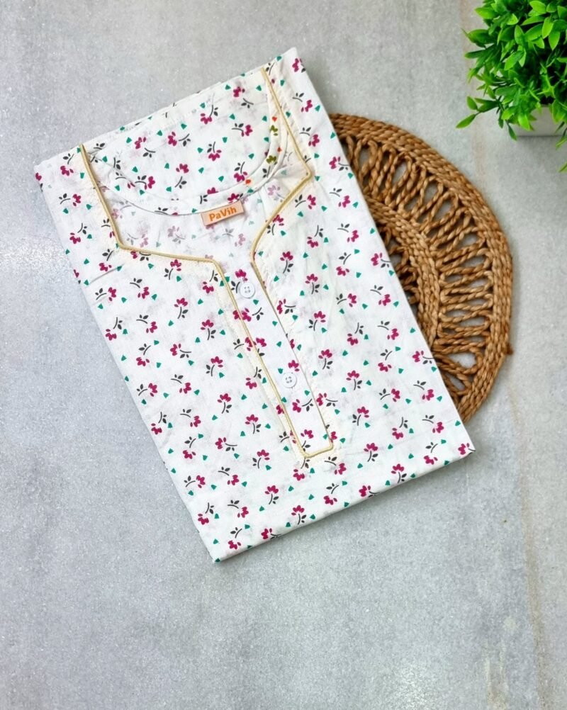White Pink Small Floral Printed Mulcotton A-Line Nighty