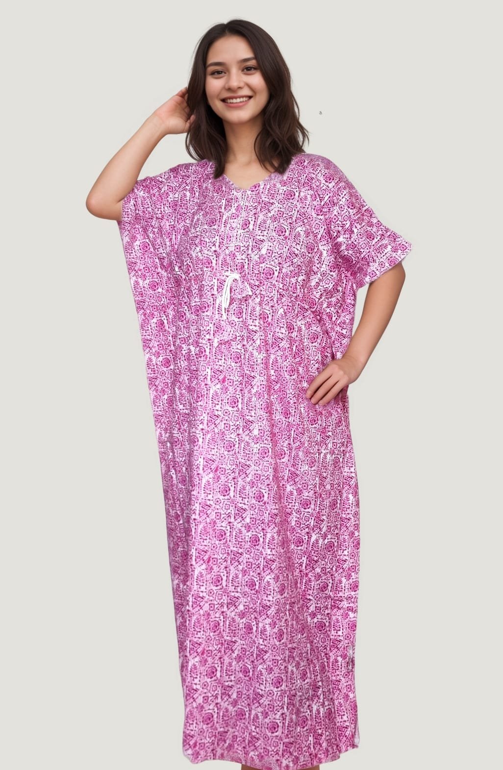 N50 2 Pink Cotton Printed Kaftan
