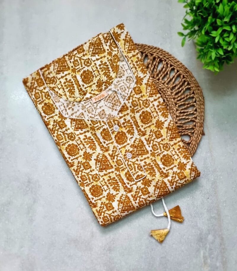 Mustard Yellow Cotton Printed Kaftan