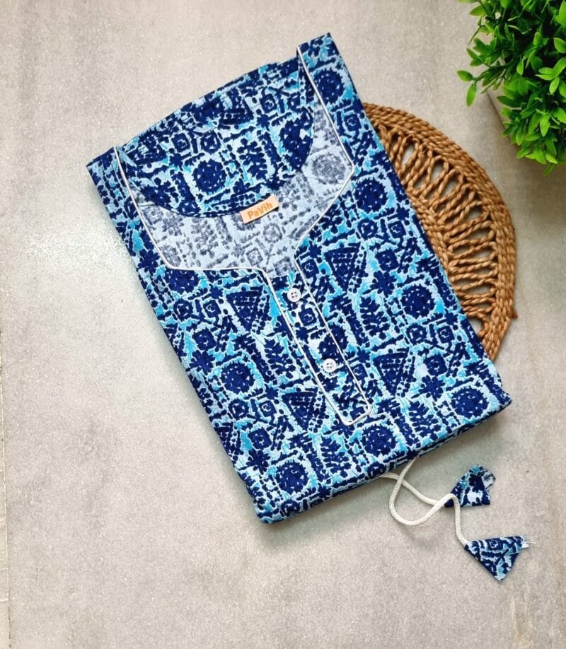 Blue Cotton Printed Kaftan