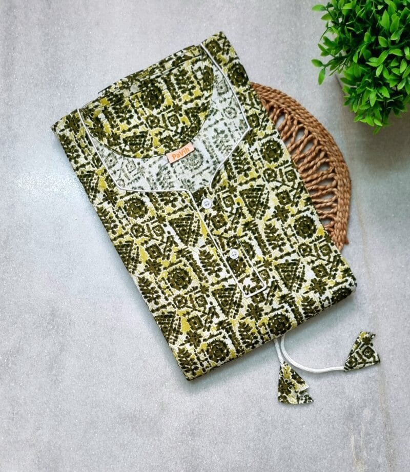 Bottle Green Cotton Printed Kaftan