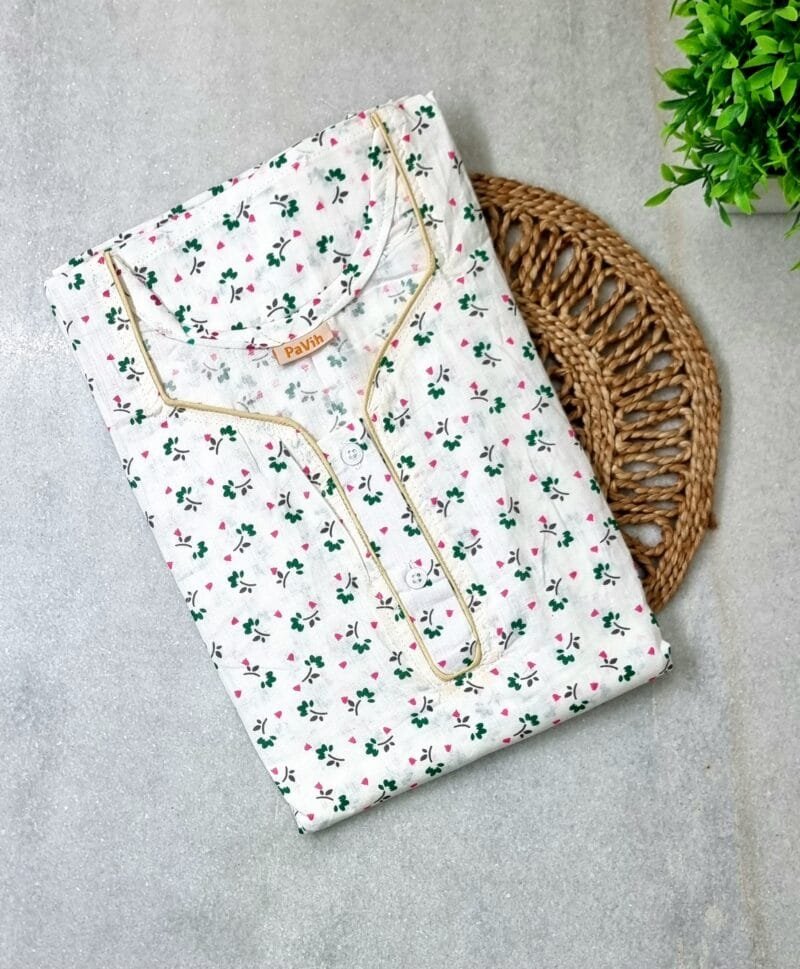 White Green Small Floral Printed Pure Mul cotton A-Line Nighty