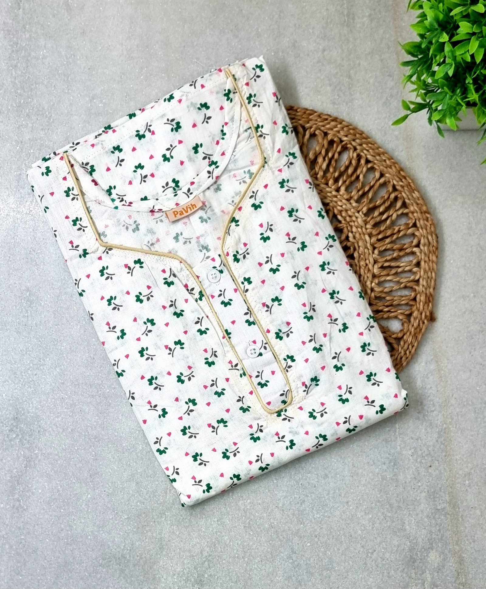 N65 1 White Green Small Floral Printed Pure Mul cotton A-Line Nighty