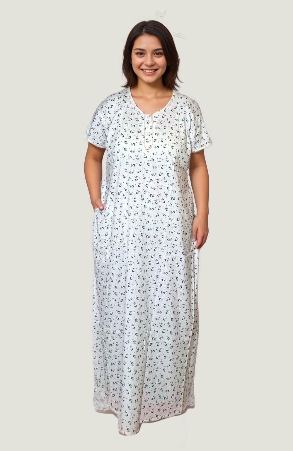 N65 2 White Green Small Floral Printed Pure Mul cotton A-Line Nighty