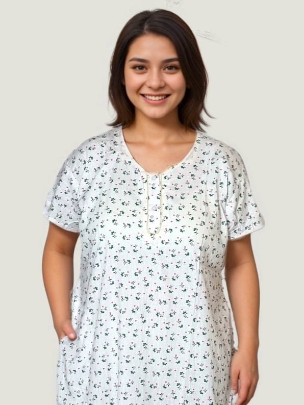 White Green Small Floral Printed Pure Mul cotton A-Line Nighty