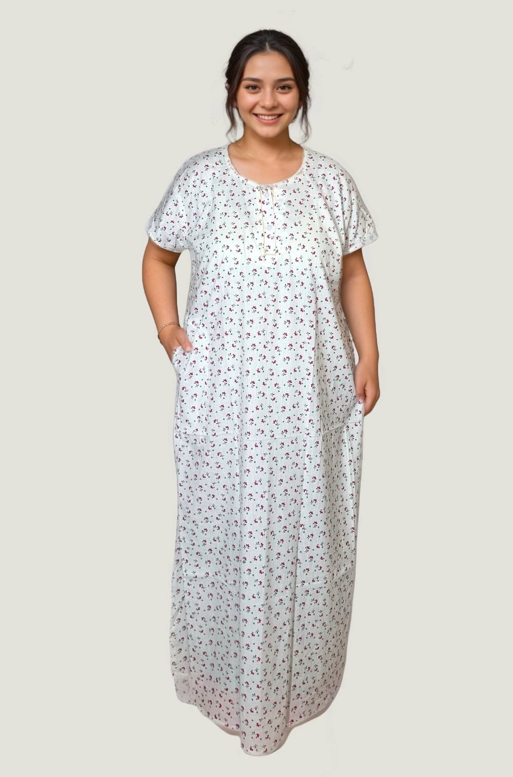 N67 3 White Red Small Floral Printed Mulcotton A-Line Nighty - Image 3