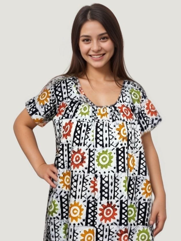 White Meenakari Batik Round Neck Cotton Nighty