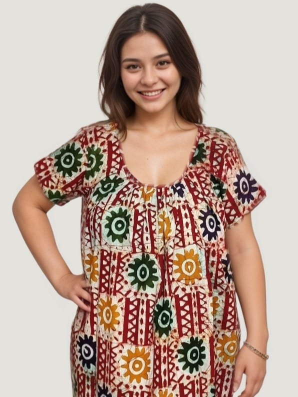 Red Meenakari Batik Round Neck Cotton Nighty