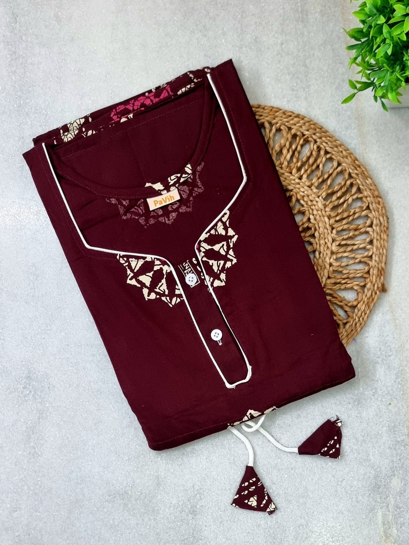 N76 1 Deep Maroon Batik Printed Cotton Kaftan - Image 2