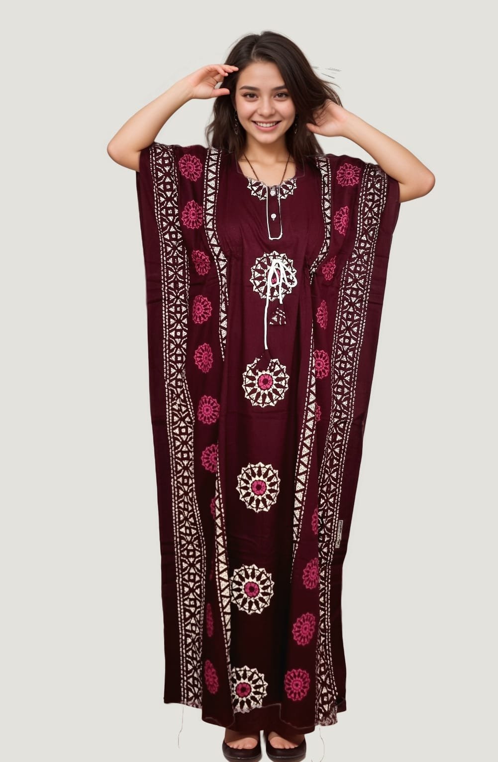 N76 2 Deep Maroon Batik Printed Cotton Kaftan - Image 3
