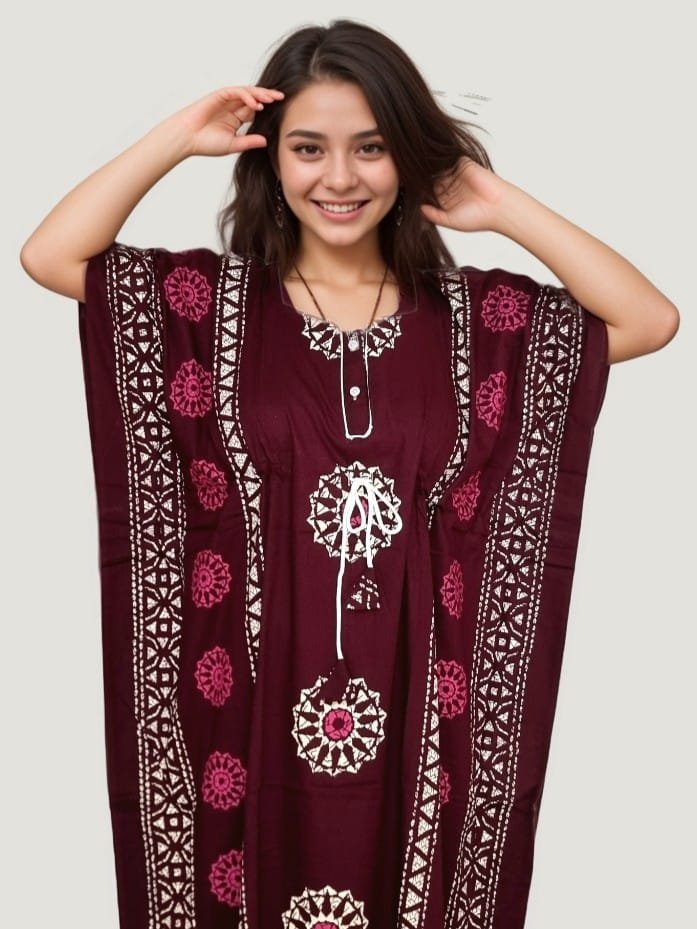 Deep Maroon Batik Printed Cotton Kaftan