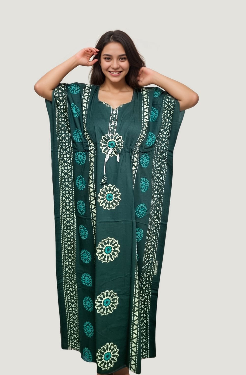 N78 2 Dark Green Batik Printed Cotton Kaftan - Image 3
