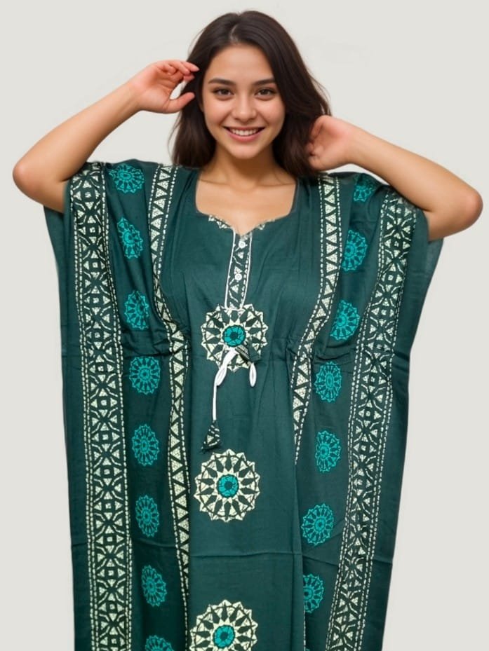 Dark Green Batik Printed Cotton Kaftan