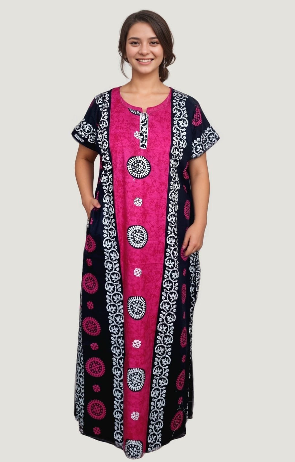 N79 2 Dark Pink Crack Batik Printed A-Line Cotton Nighty