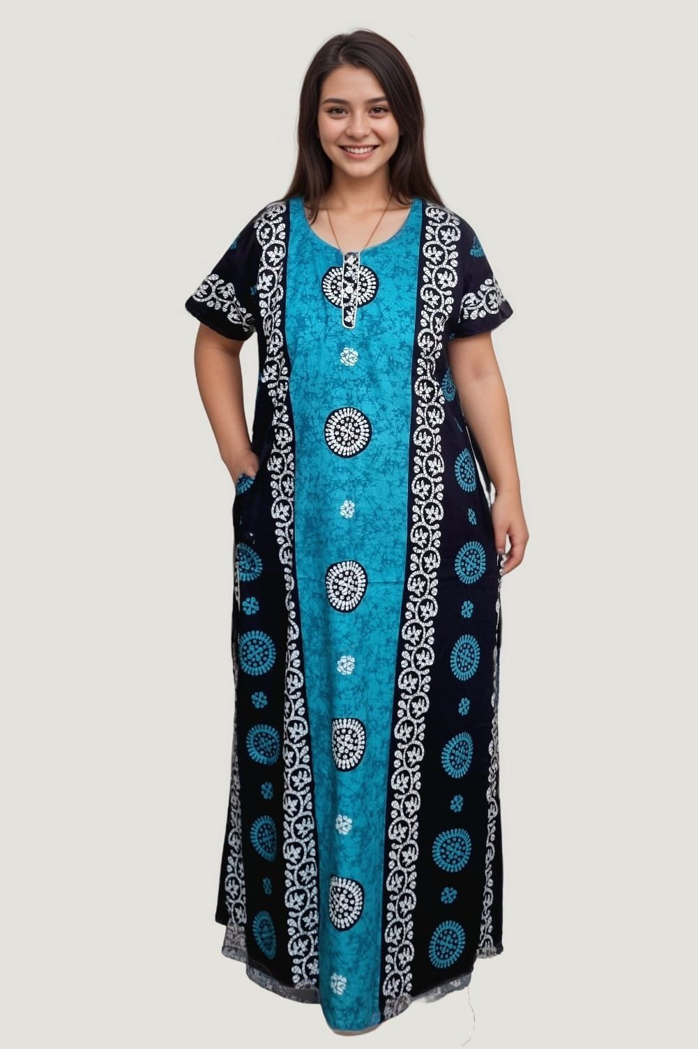 N82 2 Blue Crack Batik Printed A-Line Cotton Nighty