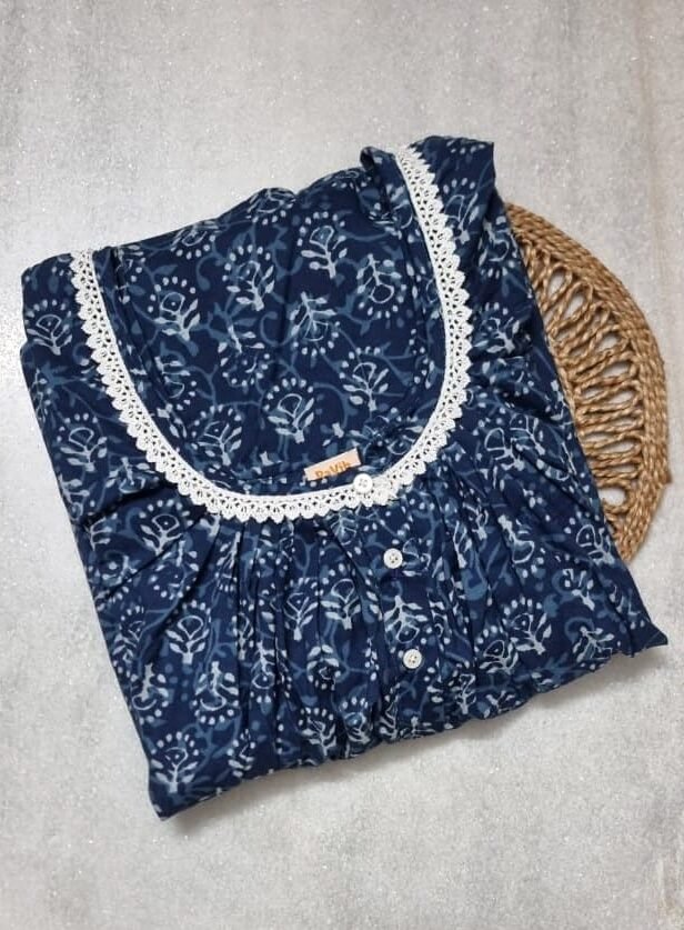 Indigo Full Sleeves Round Neck Cotton Nighty