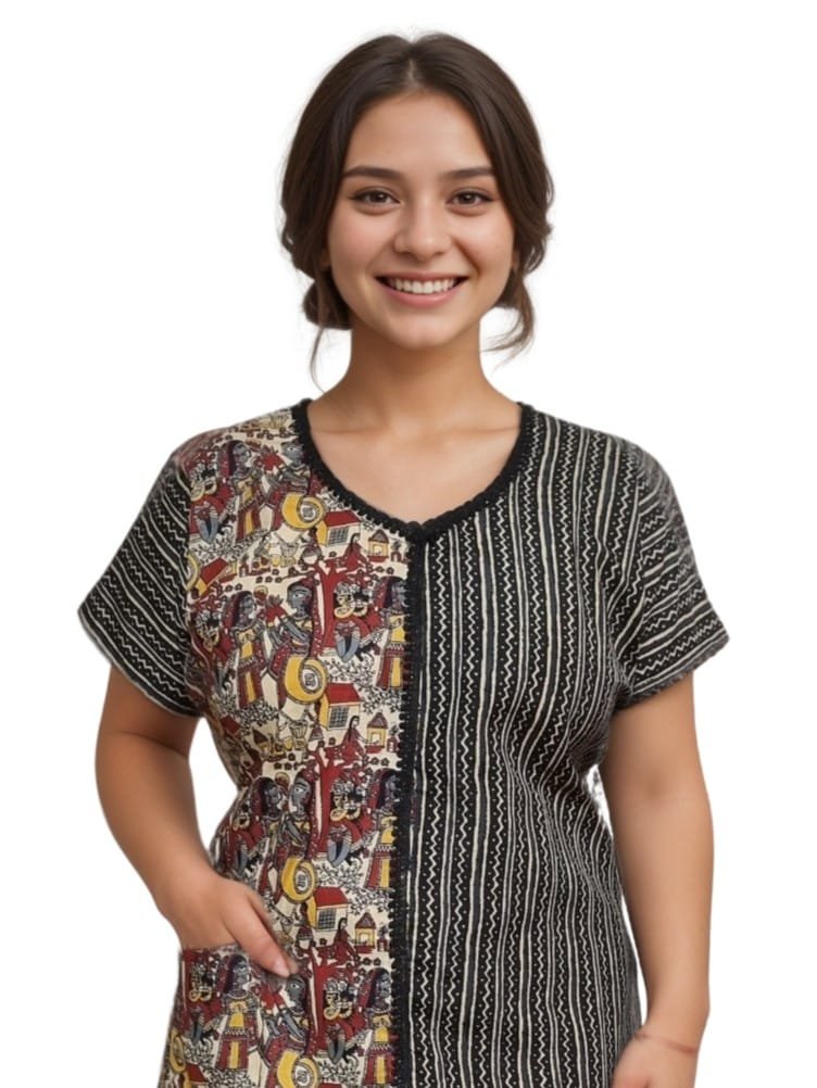 Black & Red Printed Half & Half Blended Cotton A-Line Designer Nighty (D:2)