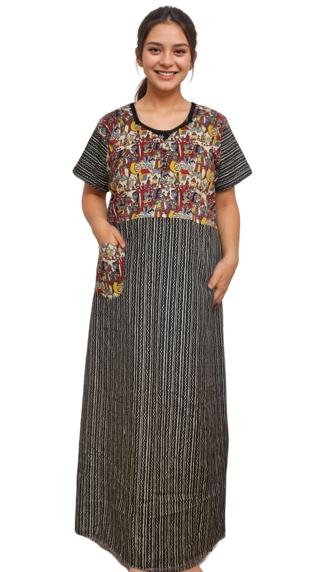 N101 2 Black & Red Printed Half & Half Blended Cotton Designer Nighty - Image 2