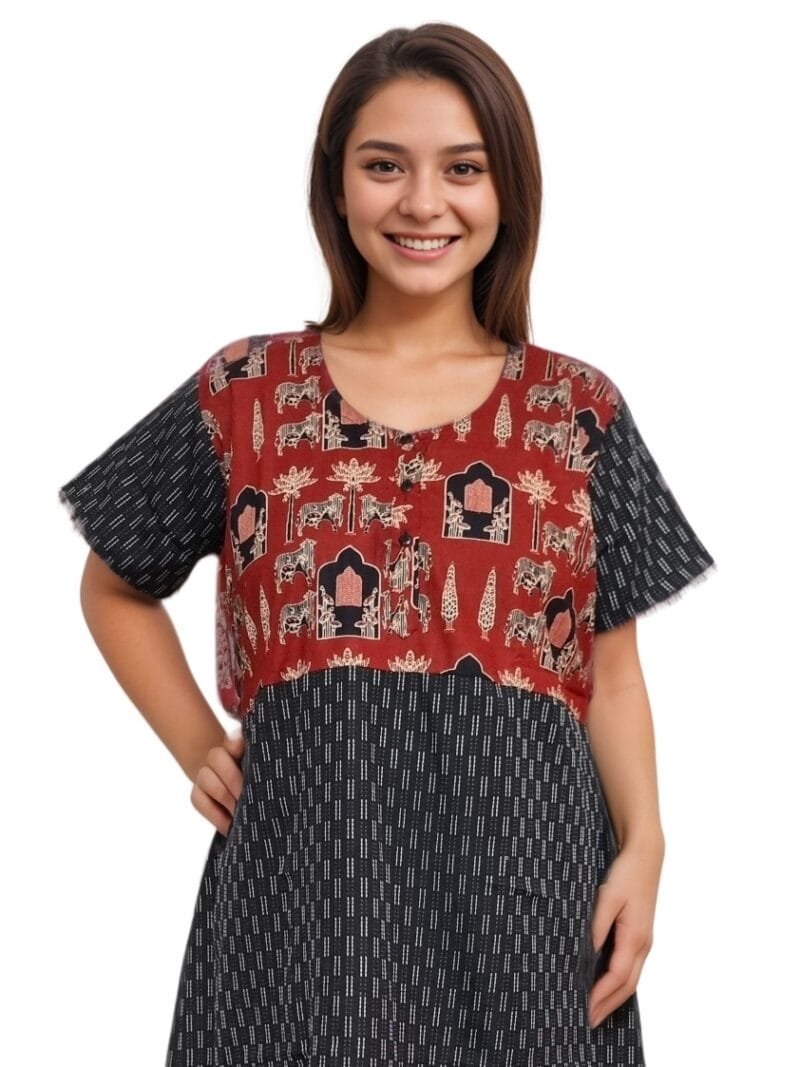 Red & Black Kantha Stitch Half & Half Blended Cotton Designer Nighty