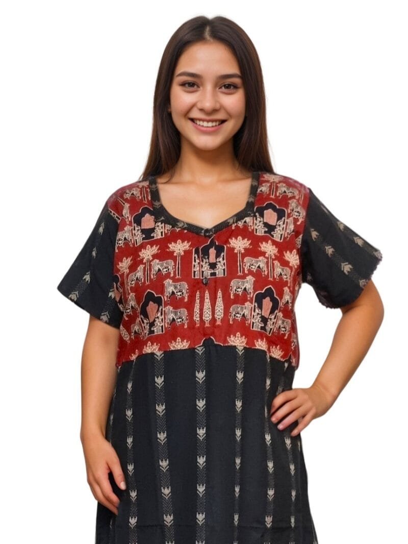 Red & Black Half & Half Blended Cotton Designer Nighty