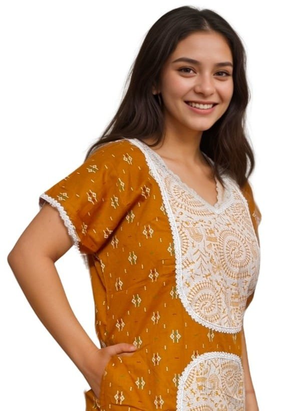 Chrome Yellow Patchwork A-Line Pure Cotton Designer Nighty